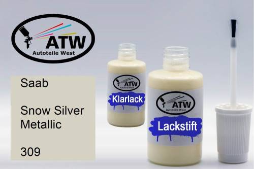 Saab, Snow Silver Metallic, 309: 20ml Lackstift + 20ml Klarlack - Set, von ATW Autoteile West.